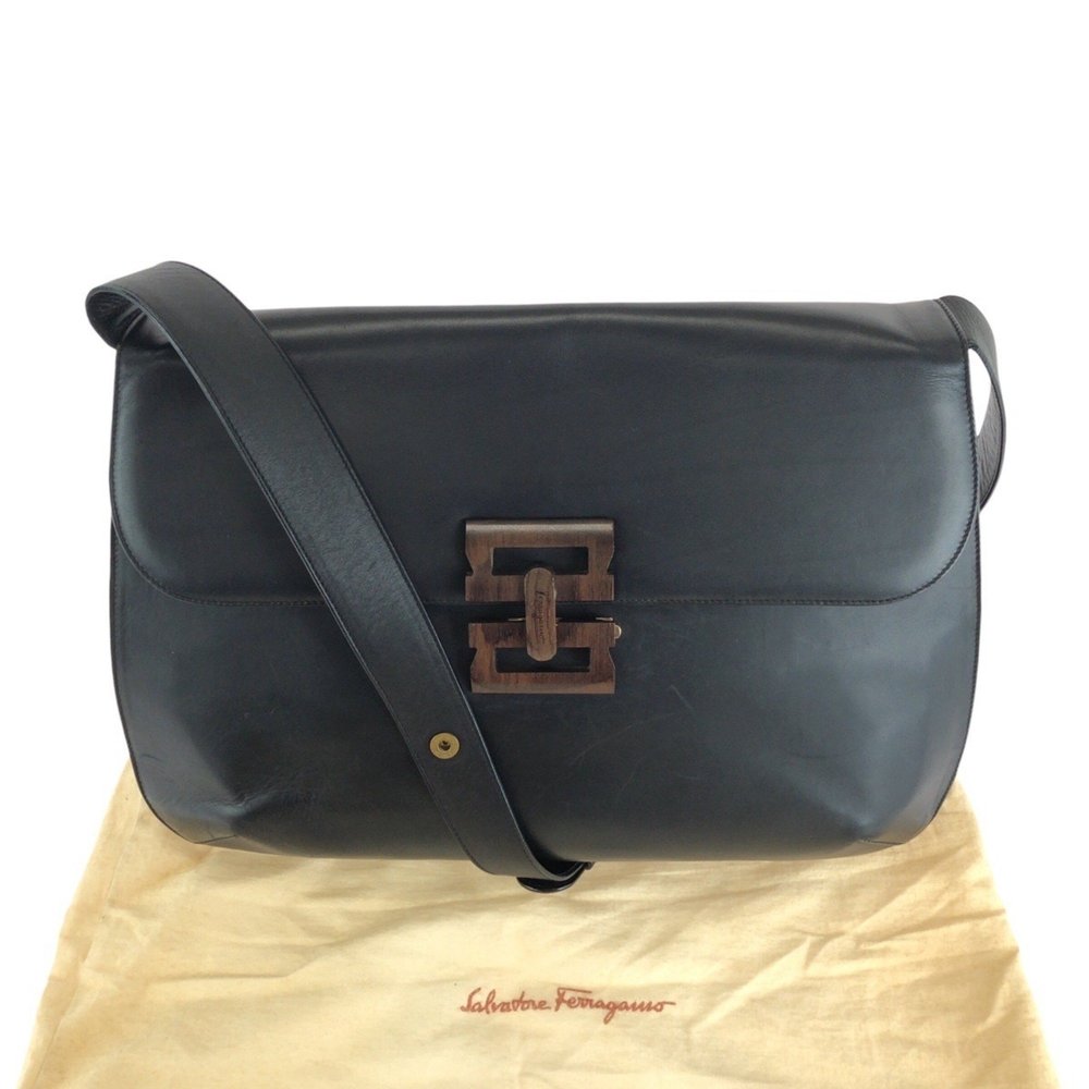 Salvatore Ferragamo Black Gold Hardware Leather Wood Shoulder Bag Messenger W... - Picture 10 of 10